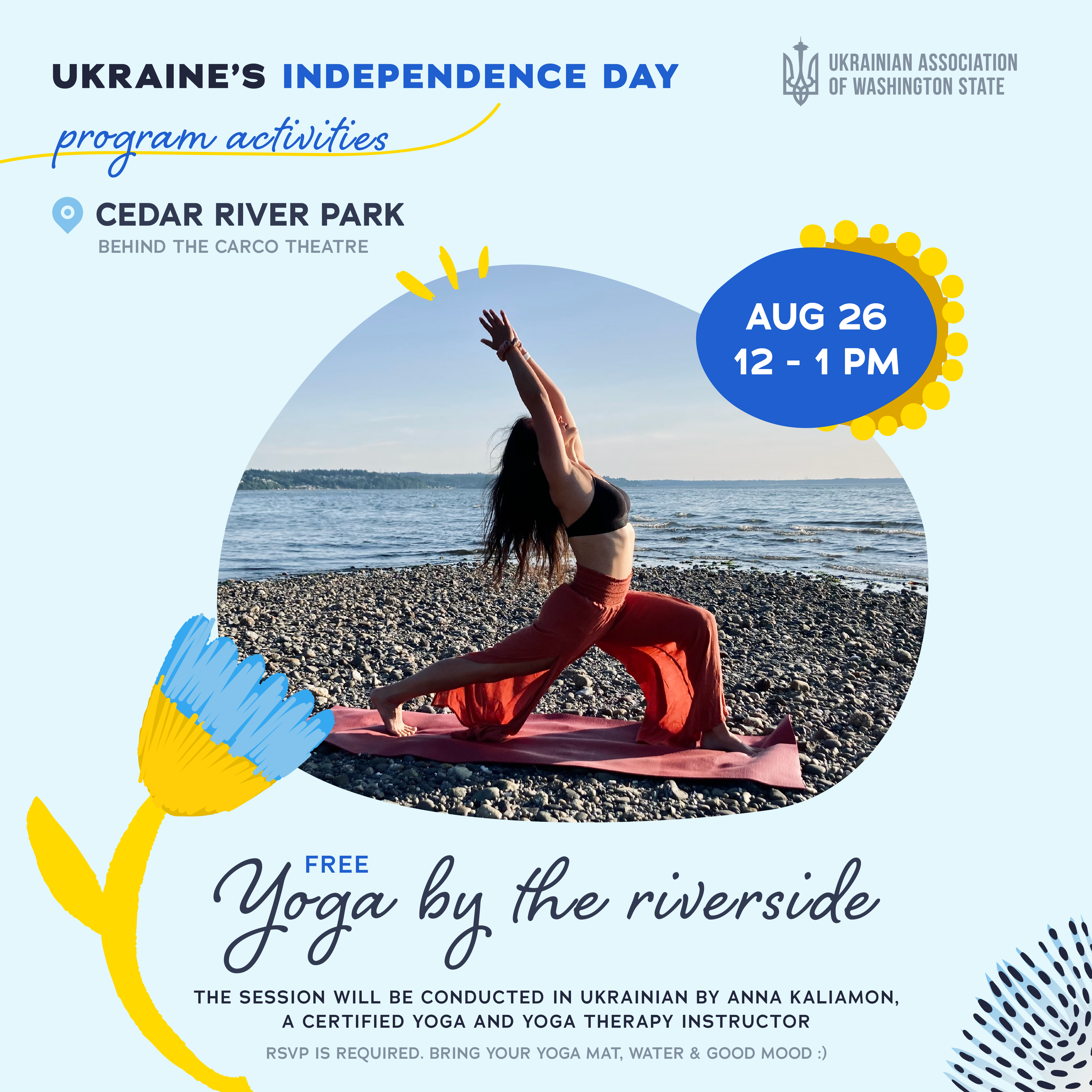 Free yoga by the riverside with Anna Kaliamon on August 26th from 12:00 PM to 1:00 PM.